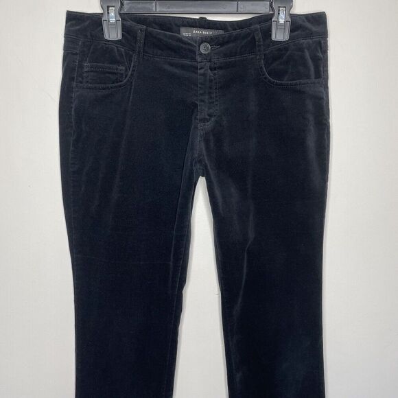 ZARA Velvet Pants Womens 8 Solid Black Straight Leg Mid-Rise 5-Pocket Stretch - Picture 2 of 12